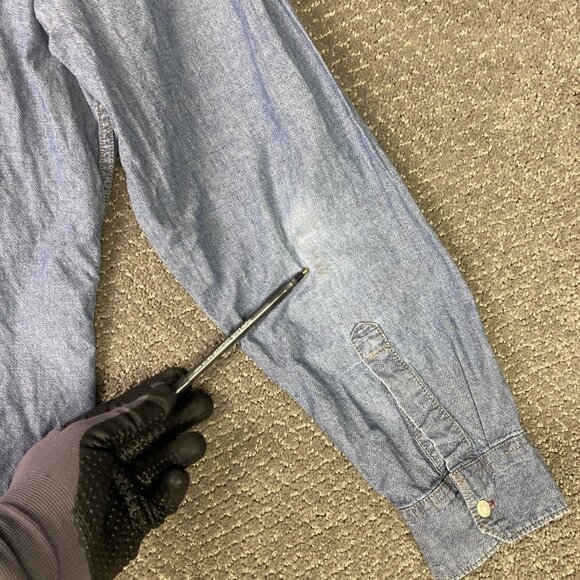 Wrangler Pearl Snap Chambray Shirt Men's XL Blue Denim Chore Western - Picture 7 of 15